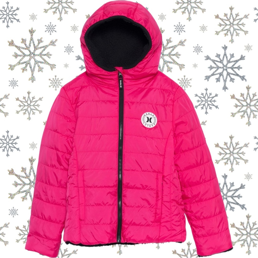 Hurley Surfer Girl Outerwear Puffer Jacket Hot Pink & Black